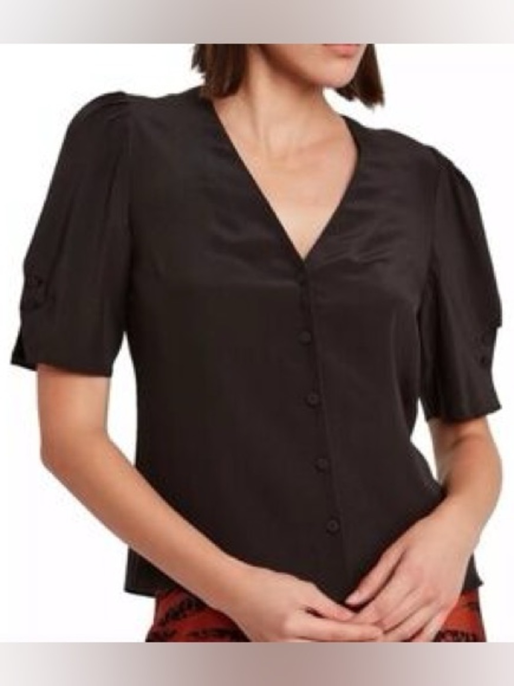 Frame Black Silk V-Neck Button Front Women's Top